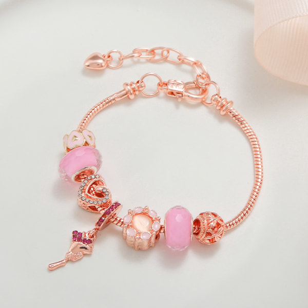 Pink kærlighed rose blomst vedhæng armbånd med krystalperler, rose guld DIY armbånd kvindelige, 7,48 tommer + 1,57 tommer, gave til familie eller venner