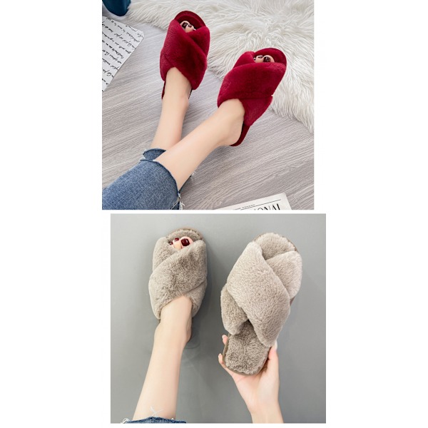 Dames Fuzzy Tofflor Cross Band Mjuka Plysch Mysiga Hushållsskor Päls Öppen Tå Inomhus eller Utomhus Slip on Varma Andas Anti-halk Sula
