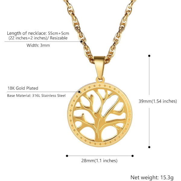 Livets tre-halskjede, Nature Spiritual Necklace, Family Tree Necklace, Herre- og dame-smykker, Kom med gaveeske R 18K Gold