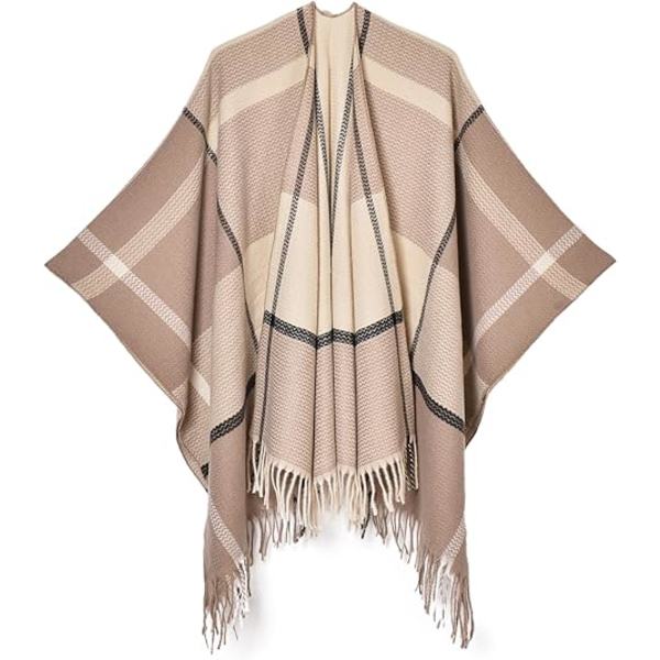 Damekappe med åpen front, reiseponcho, varm overdimensjonert pleddgenser, avslappet cardigan, sjal for høst og vinter, rutete khaki