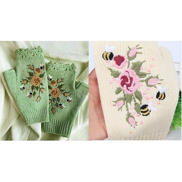 Håndbroderede Handsker, 2023 Nye Kvinders Strikede Handsker Blomster Handsker, Vinter Håndlavet Broderi Strikket Fingerløse Handsker, 01