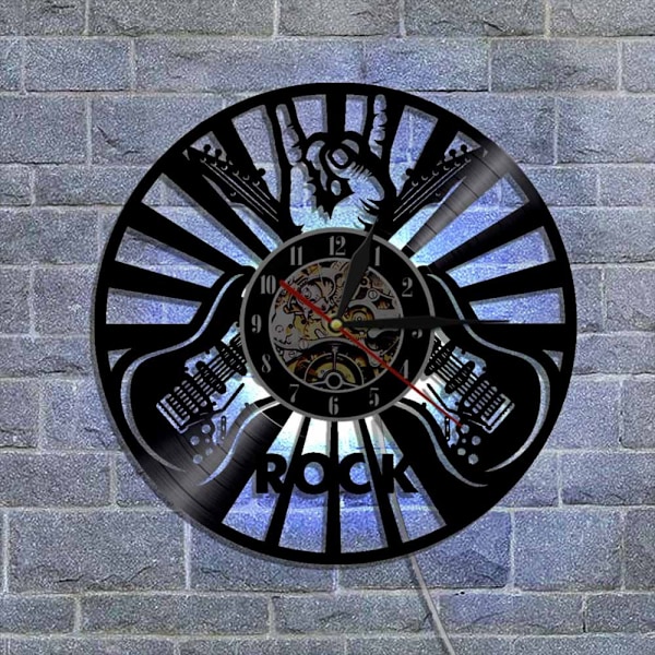 Musikvynil väggklocka - Rockgitarr LED-ljus väggklocka - Vinylklocka - Vardagsrumsväggdekor - Unika presenter till musikälskare