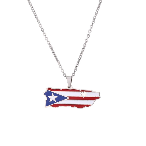 Stainless Steel Puerto Rico Heart Map Pendant Necklace, Fashion Lady Map Necklace, Best Gift for Family（silver）