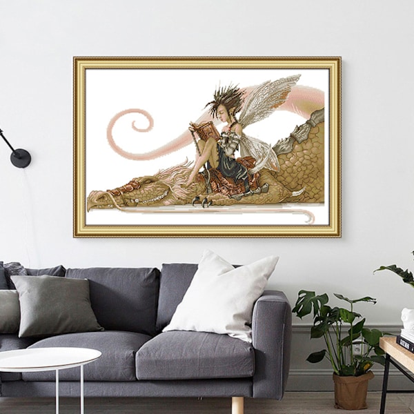 Flickan sitter på draken och läser en bok räknade korsstygnssatser, korsstygnsvitt tomt tygbroderikit 14CT 21''x14'', flickan satt på T