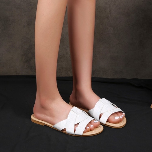 Kvinners sommer flate slides sandaler casual stropp kryss slip på sliders strand flate sandaler for kvinner ---- Hvit（Størrelse 36）