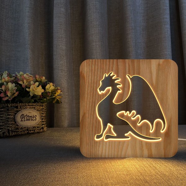 Nattlampa med dinosaurie i trä, 3D-lampa, kreativ trälampa, enkel dekorativ lampa, 3D-träskärningsmönster, LED-nattlampa för skrivbord