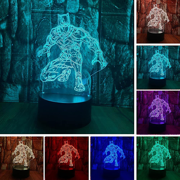 Marvel Avengers Black Panther Anime Figur 3D LED Optisk Illusionsdekorasjon Bordlampe 16 Farger Fjernkontroll Visuell N