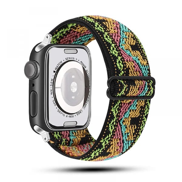 Justerbar elastisk nylon solo ringrem för Apple Watch, bohemisk stil smartklocka rem（etnisk stil 8）