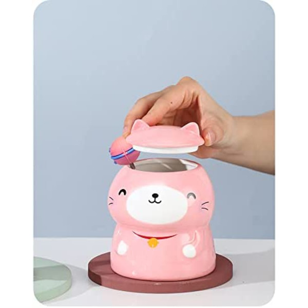 Kattmugg med sked 3D mugg Keramisk kaffekopp Kattunge mjölkmugg Födelsedagspresent Kontor Hem Parmugg (katt, rosa, 450 ml)