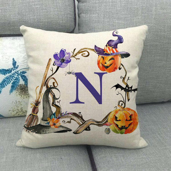 Kasta kuddfodral engelskt alfabet Halloween  tryck linnekuddfodral för sovrum vardagsrum soffa stolskuddfodral  gåva（bokstav  N）