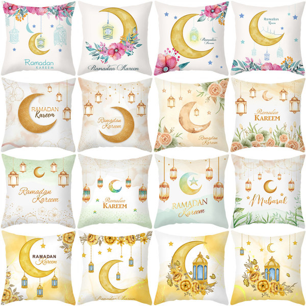 Pudebetræk Ramadan Måne og Blomster Kvadratiske Pudebetræk Moderne Dekorative Peach Skin Fløjl Pudebetræk til Sofa Seng 18x18 Tommer（Moo