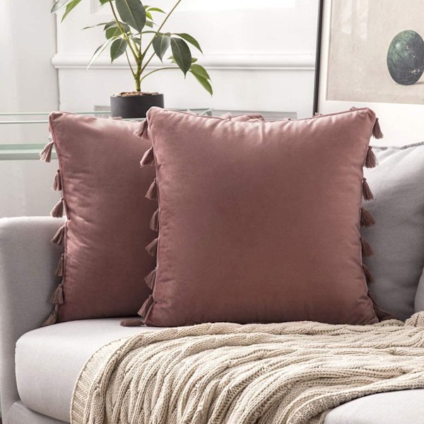 Pakke med 2 fløyelsmyke, ensfargede, dekorative pynteputer med frynser, bohemsk aksentputetrekk for sofa, seng (18 x 18 tommer, syltetøy)