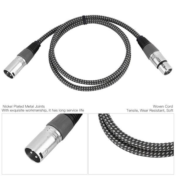 D-type flettet XLR-kabel Mikrofon MIC Audio-ledning Mixer-forbindelsesledning 1m (grå)