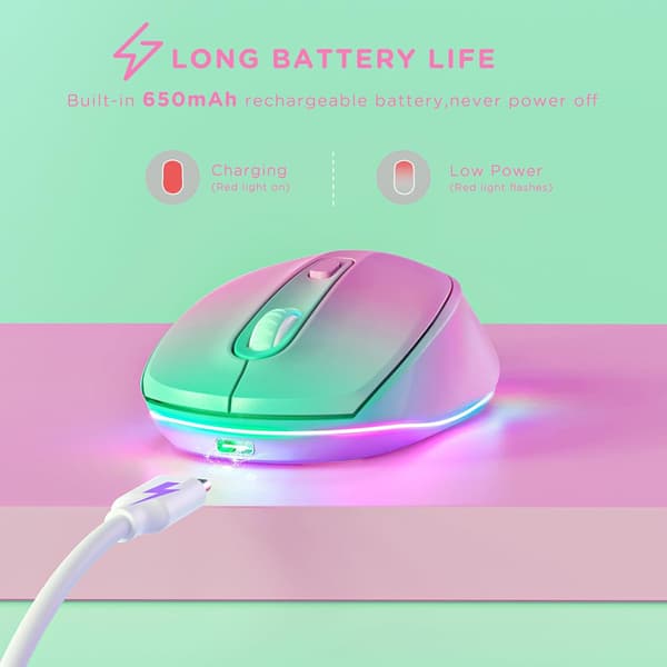 LED Regnbue Lysende - Stille Klik Lille Mus til Laptop/PC/Mac, Gradient Pink Børnemus til Chromebook/Windows Gradient Pink
