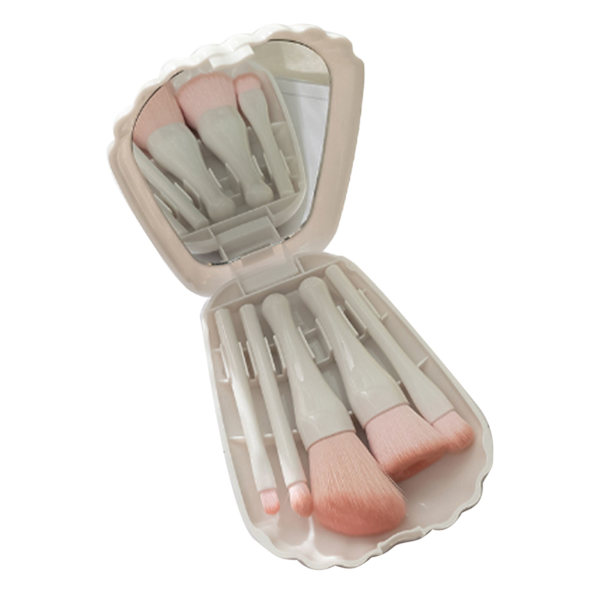 Shell Portable Travel Makeup Brush Set 5 Sizes Brush Mini Complete Function Cosmetic Brushes with Mirror Set White