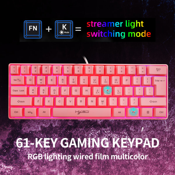 Usb61 kablet tastatur med RGB-lys, rosa spillfilmtastatur, egnet for bærbare og stasjonære datamaskiner