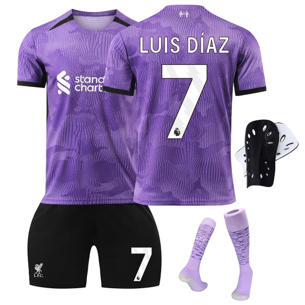 Liverpoolin 2. vieraspaita lapsille 2023-2024 -setti sukkien ja polvisuojien kanssa - Nro. 7 LUIS DIAZ #XS No.7 LUIS DIAZ #XS