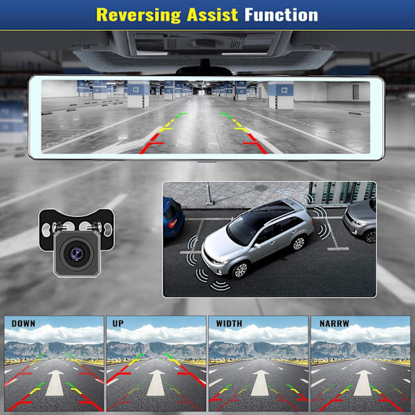 Spejl Dash Cam med trådløs CarPlay Android Auto, 1080P forreste og bageste dobbelte Dash-kameraer til biler, lastbiler, 11,26 '' IPS Touch Scree