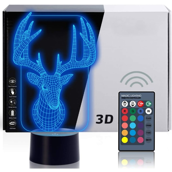 Elk Deer 3D Optical Illusion Night Lights, 7 färgvariationer, Smart Touch-knapp USB och power, fantastisk kreativ konstdesign för barn
