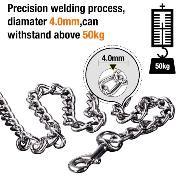 Krombelagt metallhundeleie, tykk kjede, tungt, tyggebestandig, med polstret håndtak, for tur, trafikk, trening, reiser, 6'/4,0 mm