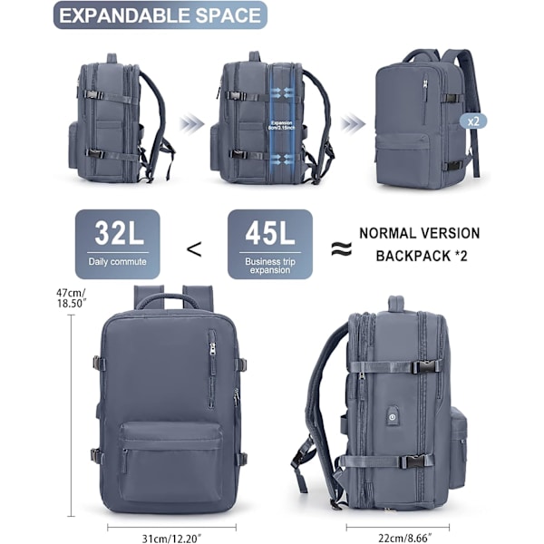 Anti-tyveri vandtæt rejse laptop rygsæk B5-grey blue-expandable Extra Lrande