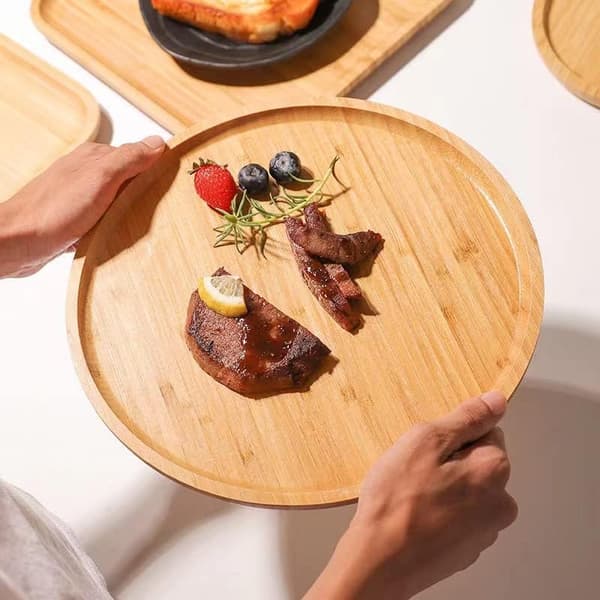 Rund bambusbrett, treplater, serveringsbrett i tre, serveringsbrett for charcuterie til spisestue / salongbord, 11,8 tommer
