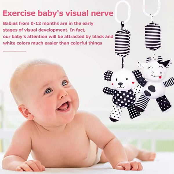 Babyleksaker för bilbarnstol, Svart Vit Barnvagn Leksak Stretch Baby Spiral Plyschleksaker, Hängande Skallror för Spjälsäng Mobil, Sensorisk leksak för nyfödda T Bear Cow