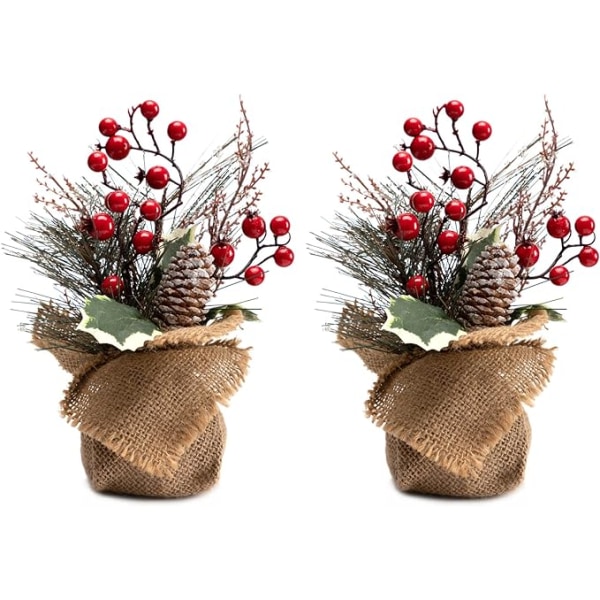 Artificial Mini Christmas Tree, 2PACKS 10"/25 cm Small Desk Christmas Tree with Red Berries, Small Ice Crystals and Pine Cone for Desk Decorations