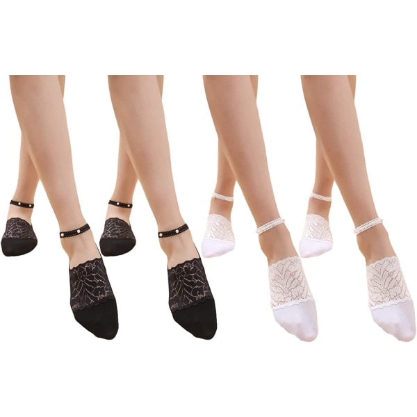 AVEKI 4 Pairs Pearl Lace No Show Socks Pearl Lace Mesh Thin Silk Ankle Sock Casual Low Cut Socks for Women,  2 Pairs Black+2 Pairs White