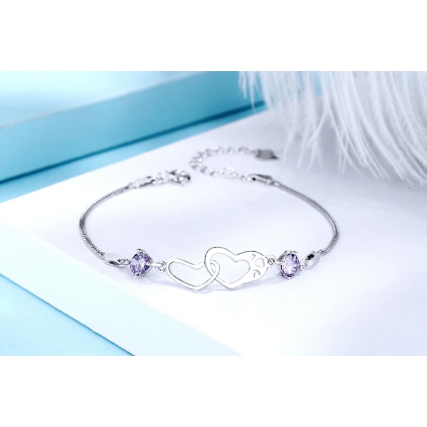 Armbånd til kvinder, sølv S925 armbånd, sølv uendelighedsarmbånd krystalskydearmbånd med zirkon, justerbart hjertearmbånd, gave til kvinder, lilla