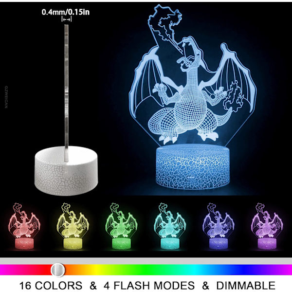 WJ 3D Illusion Natlampe Drage LED Skrivebordslampe med Fjernbetjening Touch Control 16 Farveændring til Hjemmeværelse Dekorationer Fødselsdagsgaver eldsprutande drake