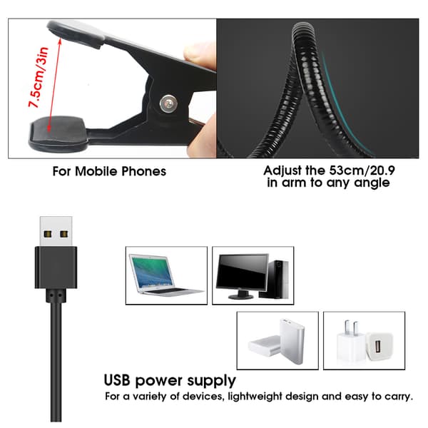USB LED ringfylllys med telefonholder og mikrofonklips for direktesending