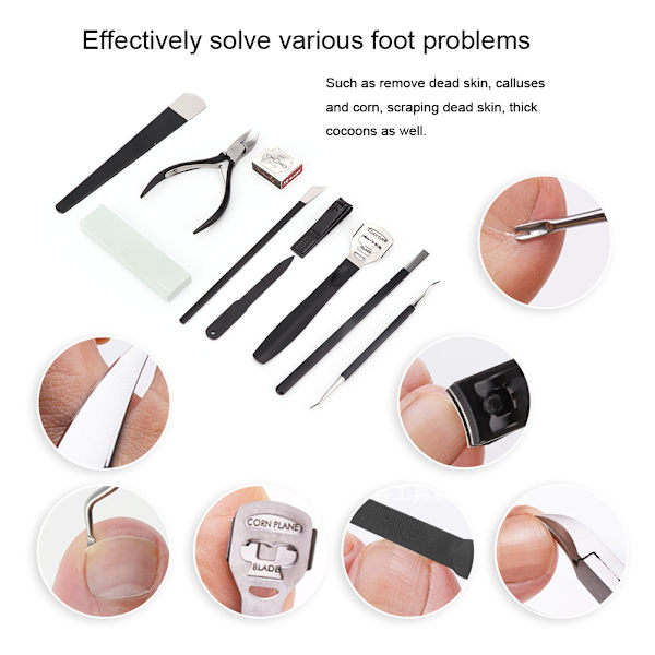 8 st rostfritt stål död hud callus remover set pedikyr manikyr nagelvård skärare verktygssats med förvaringslåda svart