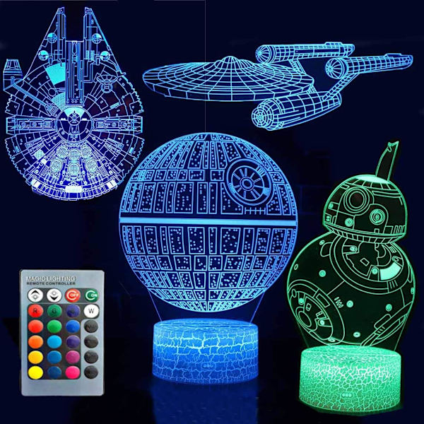 3D Illusion Star Wars Nattlys Fire Mønster Dødsstjerne/Millennium Falcon/Romskip/BB-8 Interstellar 7 Farge Endring Dekor Lampe Nattlys Star Wars Combo Pack-C