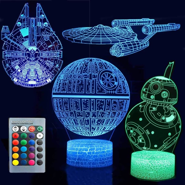 3D Illusion Star Wars Night Light Four Pattern Death Star/Millennium Falcon/Starships/BB-8 Interstellar 7 Color Change Decor Lamp Night Light