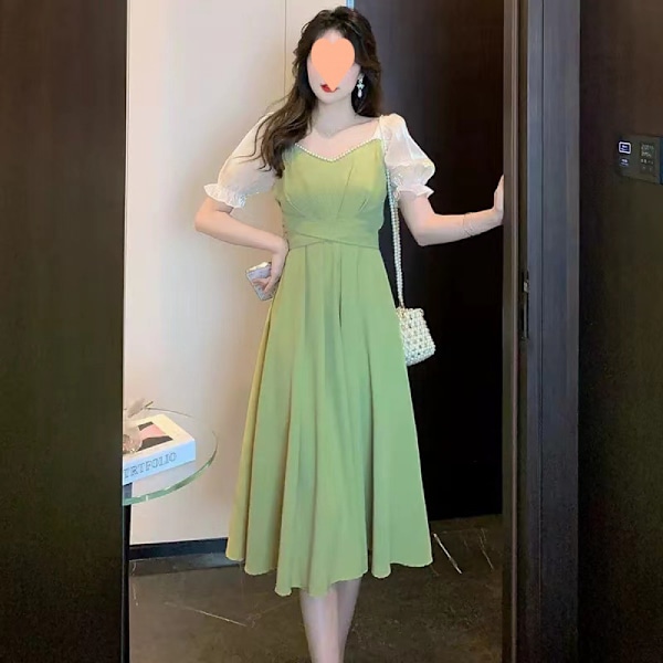 Kvinders Casual Sommer Midi Kjole Puffy Kort Ærme Firkantet Hals Smocked Lagdelt Ruffle Kjoler(Grøn M)