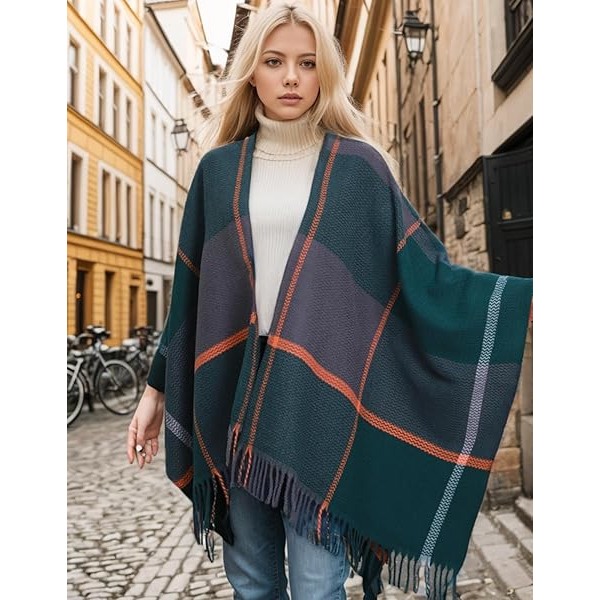 Damkoftor med öppen front, sjal, poncho, kappa, varm, stor, rutig, casual, stickad, sjal, höst, vinter, rutig grön