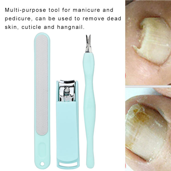 3 st rostfria nagelklippare + död hud gaffel + nagelfil manikyr pedikyr verktyg grön