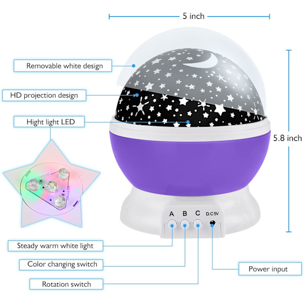 Natlampe til Børn, Børnenatlampe, Stjerne Natlampe, Nebula Stjerneprojektor 360 Graders Rotation - 4 LED Pærer 12 Lysfarve Ch Purple