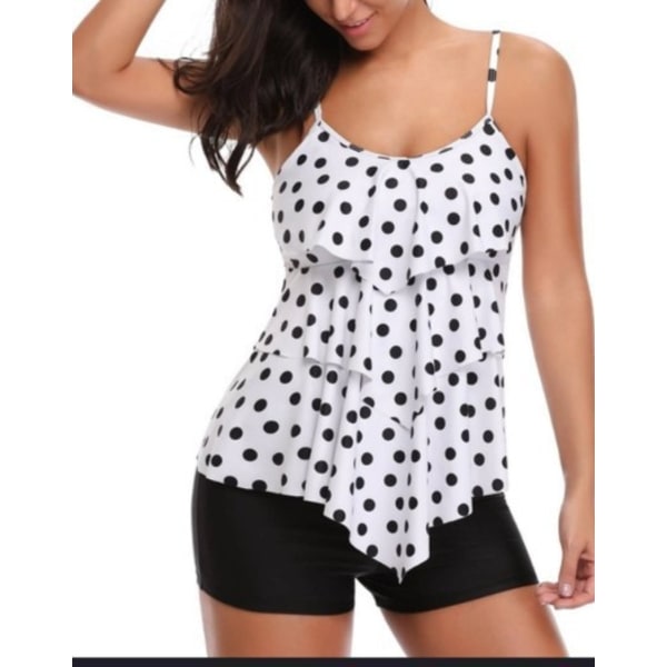 Tankini baddräkt för kvinnor, tvådelad baddräkt med volang, baddräkt med shorts (svart prick på vit) S