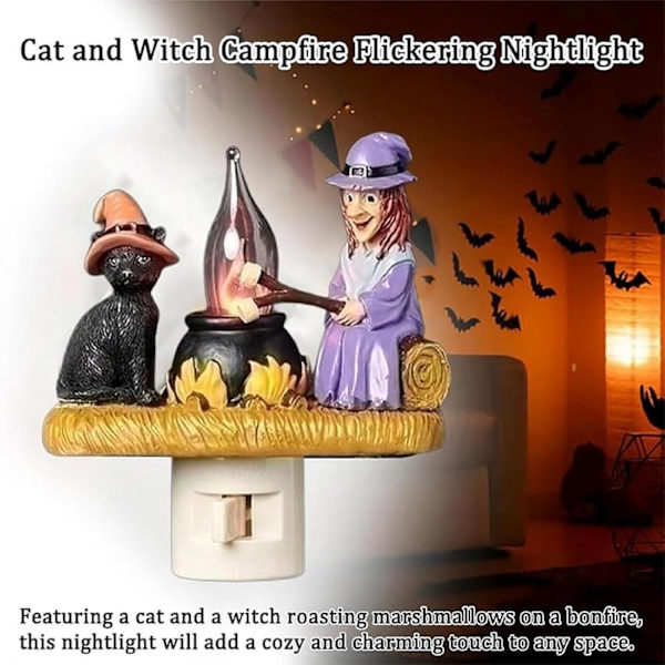 Lejrbål Natlys 1 stk Hexe og Kat Flimrende Natlys 2024 Halloween Natlys 3D LED Falsk Lejrbål Natlys Stik i W