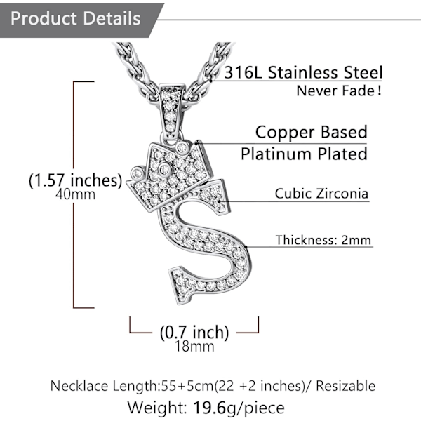 Krone Initial A-Z Halskæde, Iced Out Bogstav Vedhæng med 22-24 Tommer Kæde, Mænd Kvinder Bling Hip Hop Alfabet Navn Smykker Gave Stor I J Black