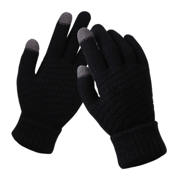 Dam Kids Vinter Touch Screen Handskar Varma Fleece Foder Stickade Handskar Elastisk Manschett Vinter Texting Handskar  svart