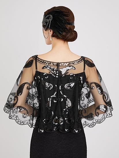 Kvinders 1920'er Flapper Sjal, Sequinbesatte Sjal og Wraps til Aften Sort