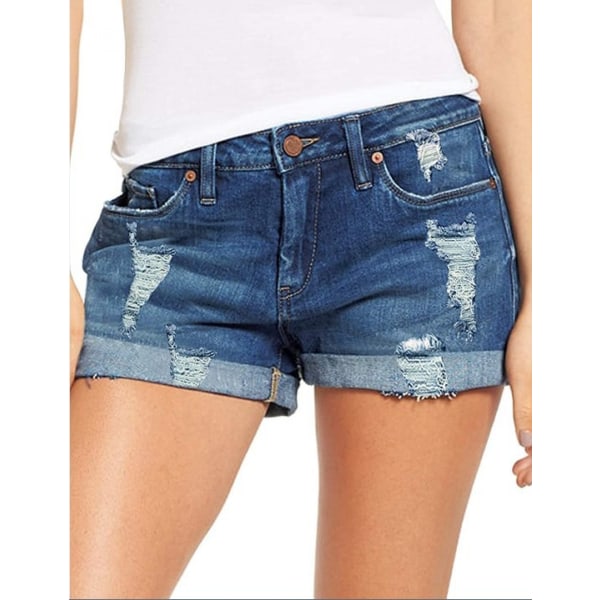 Dame Ripped Denim Jean Shorts  Stretchy Folded Hem Short Jeans --- Mørkeblå （Størrelse M）