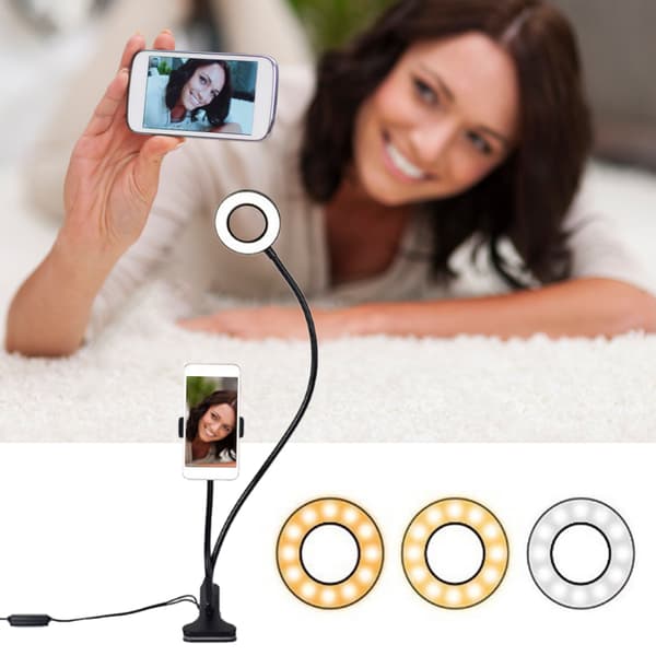 Live Streaming LED-ringlampe Dobbelt farvetemperatur USB-fyldlysstander med klips
