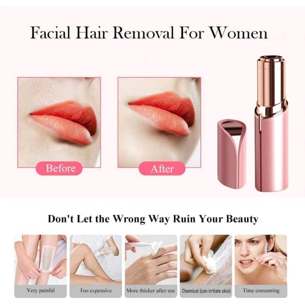 Ansiktshårborttagning för kvinnor Smärtfri hårborttagning, Vattentät rakapparat Hårborttagning med LED-ljus för ansikte Bikini Persikofjun Övre läpp  (Rosa)
