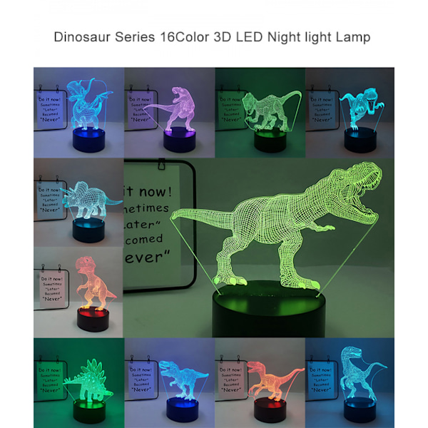 JUSTUP Dinosaur Series Natlampe 16 Farver 3D LED Illusion Lampe Fjernbetjening Legetøj Børns Hjem Dekoration Lys -- Dinosaur R（Sort Sæde）