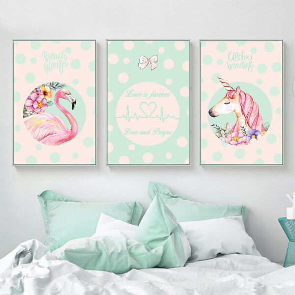 Unicorns and Flamingos Wall Art Canvas Print Poster, Simple Fashion Lady Style Art Drawing Decor(Set of 3 Unframed, 6''x8'')