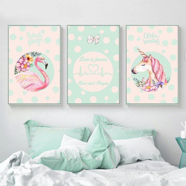 Wekity Unicorns and Flamingos Väggkonst Canvas Print Poster, Simple Fashion Lady Style Art Ritning Inredning för Hem Vardagsrum Sovrum Kontor och Barn